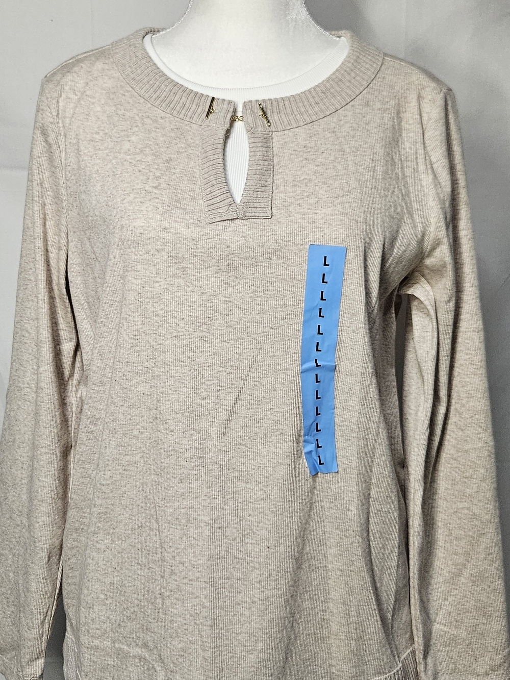 Rafaella Beige Keyhole Pullover with Gold Accent